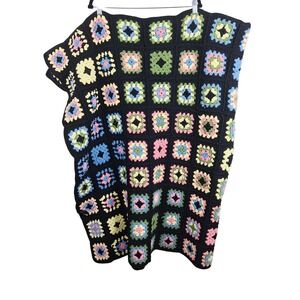 Vtg Handmade Crochet Granny Square Blanket Black Multi Color Boho Throw 60x46